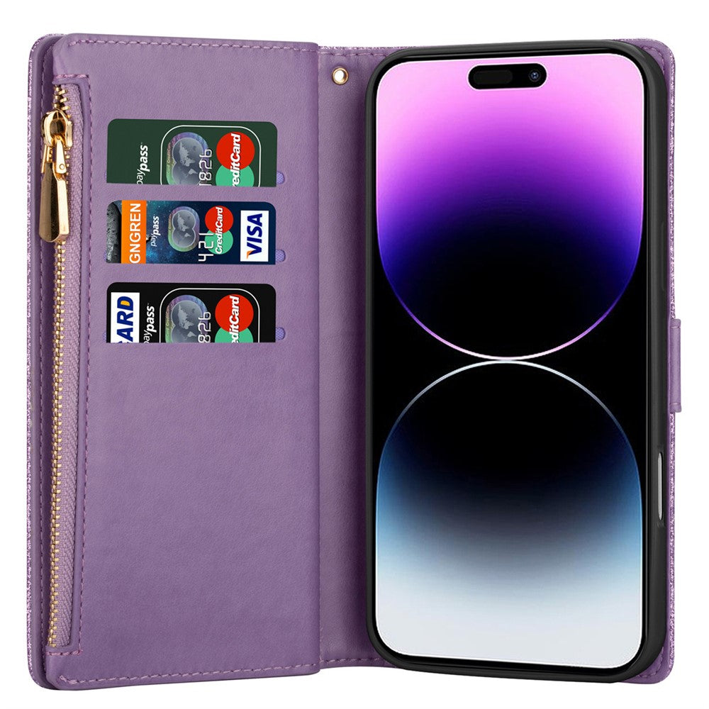 For iPhone 17 Pro Max Case Starry Sky Carving Leather Wallet Phone Cover with Wrist Strap - Purple