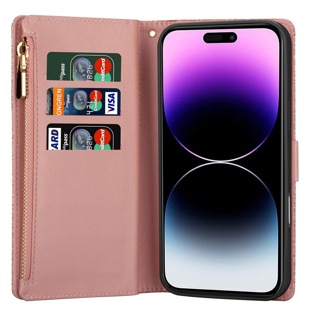 For iPhone 17 Pro Max Case Starry Sky Carving Leather Wallet Phone Cover with Wrist Strap - Rose Gold