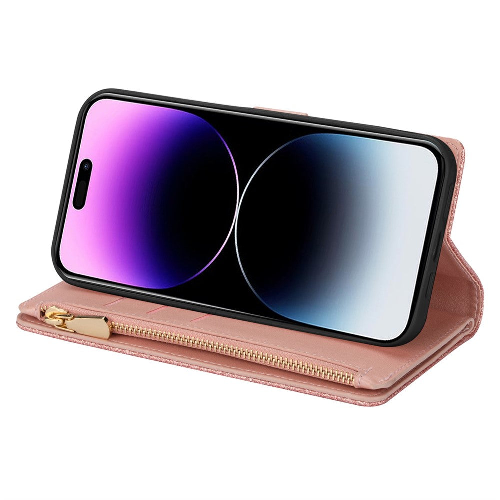 For iPhone 17 Pro Max Case Starry Sky Carving Leather Wallet Phone Cover with Wrist Strap - Rose Gold