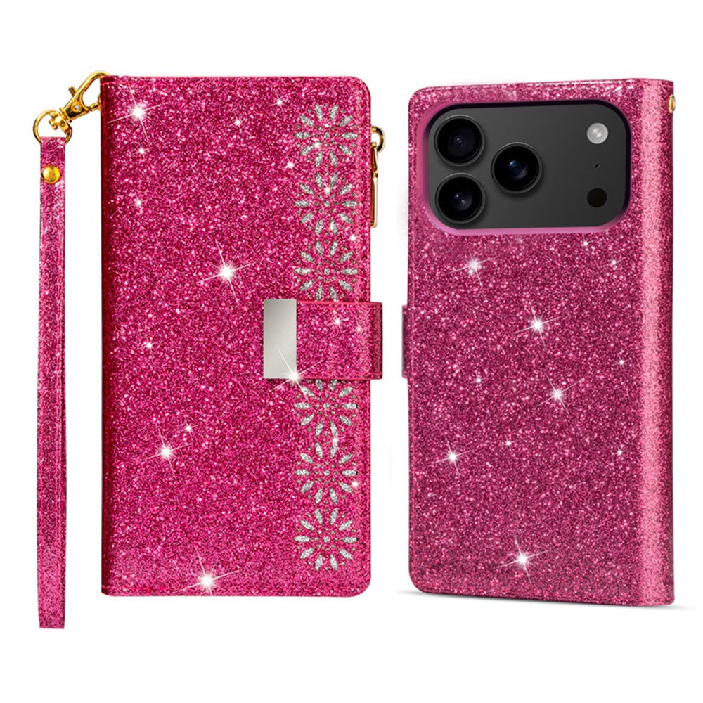 For iPhone 17 Pro Max Case Starry Sky Carving Leather Wallet Phone Cover with Wrist Strap - Rose