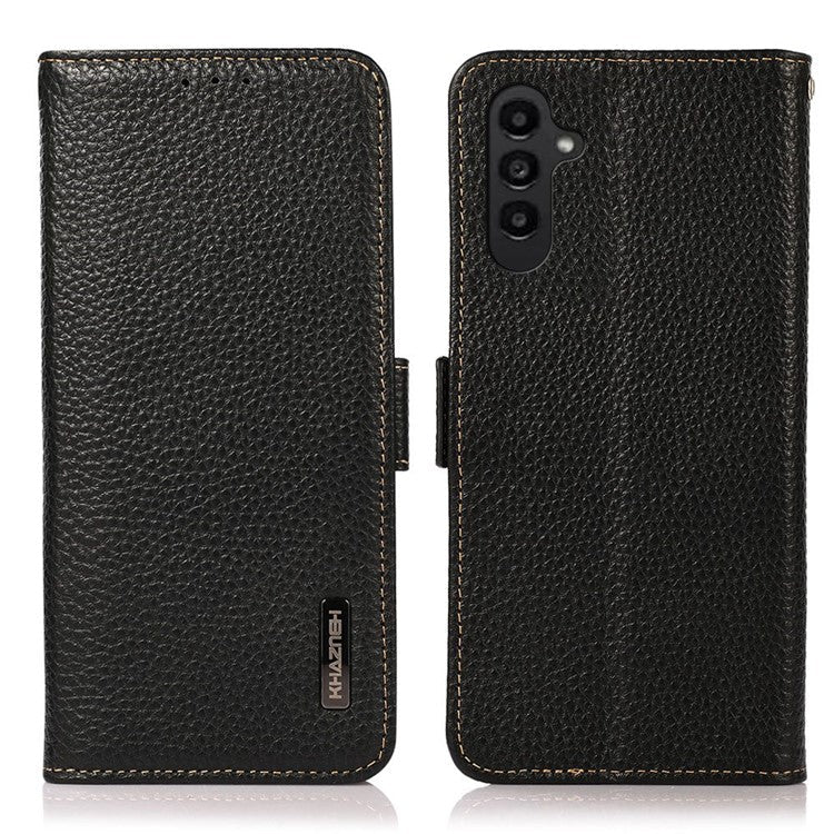 KHAZNEH for Samsung Galaxy A14 5G / A14 4G RFID Blocking Anti-fall Phone Case Litchi Texture Genuine Leather Stand Wallet Cover - Black