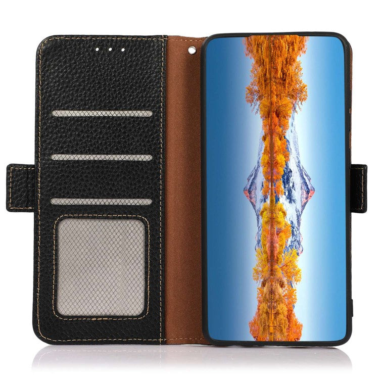 KHAZNEH for Samsung Galaxy A14 5G / A14 4G RFID Blocking Anti-fall Phone Case Litchi Texture Genuine Leather Stand Wallet Cover - Black