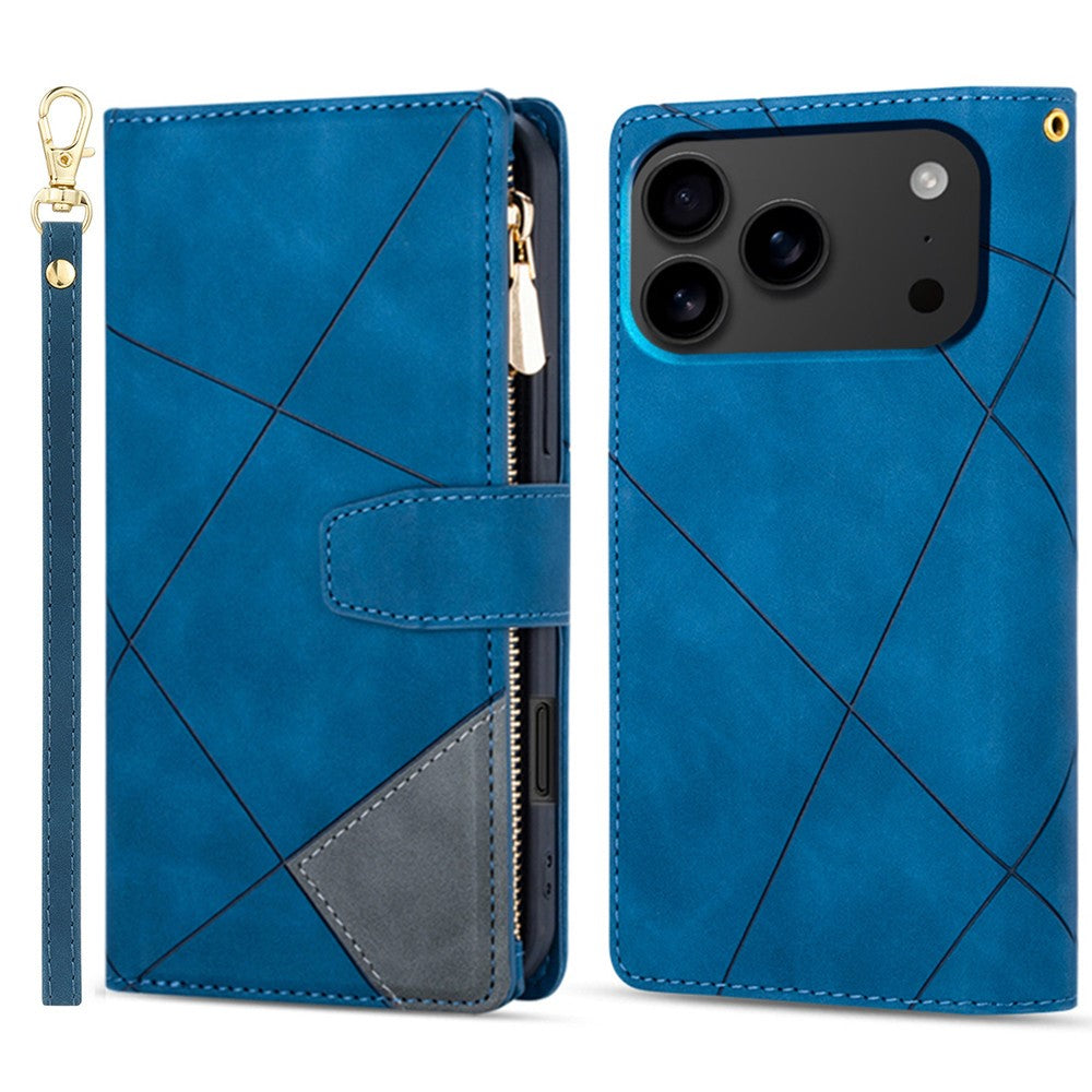 For iPhone 17 Pro Max Wallet Case Color Splicing Leather Phone Cover with Stand - Blue