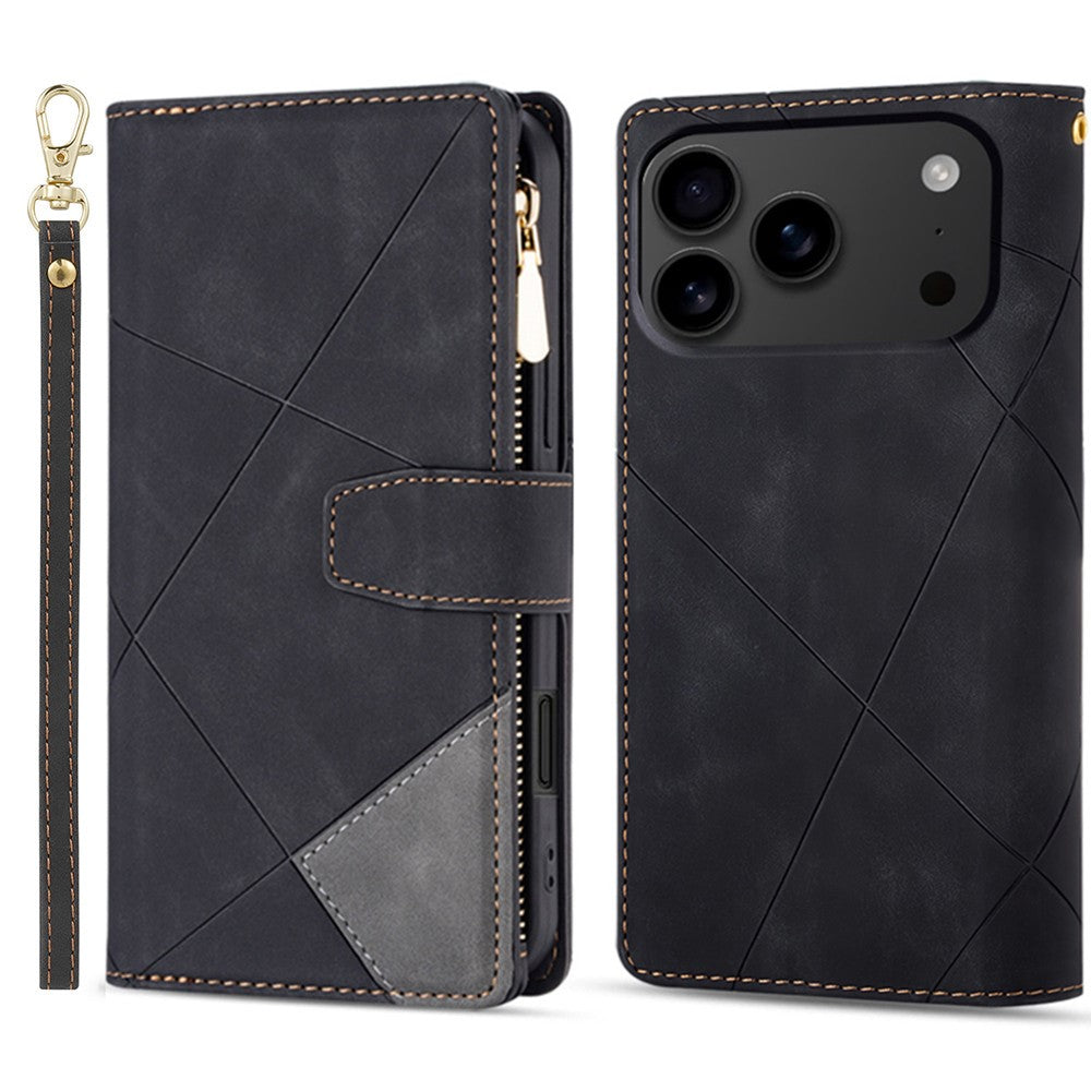 For iPhone 17 Pro Max Wallet Case Color Splicing Leather Phone Cover with Stand - Black