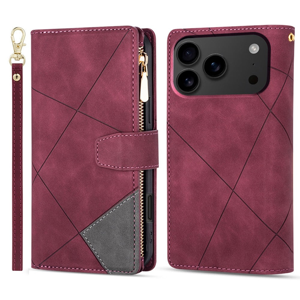 For iPhone 17 Pro Max Wallet Case Color Splicing Leather Phone Cover with Stand - Red