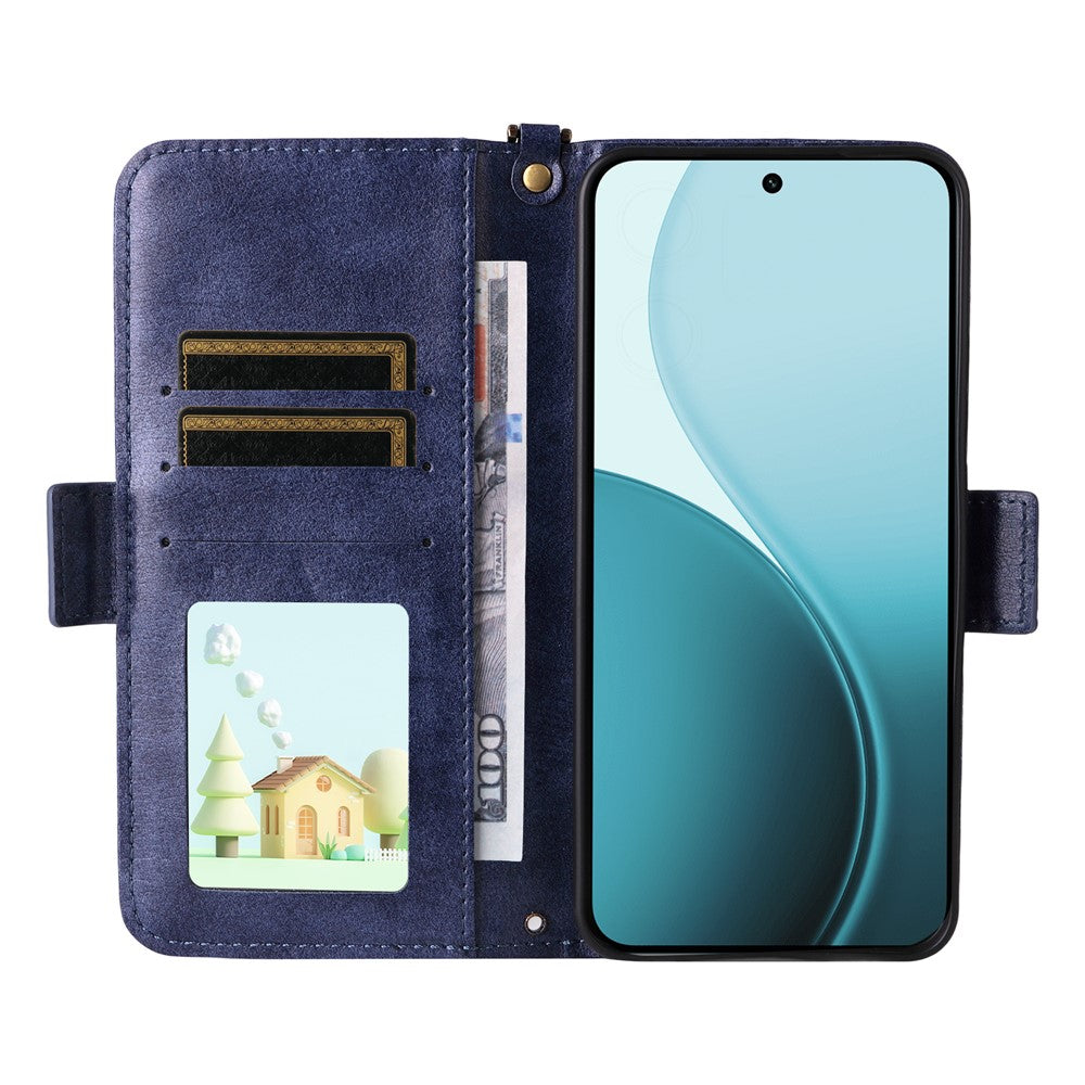 For Oppo Reno14 Pro 5G (Global) Leather Case Magnetic Closure Wallet Stand Phone Cover with Crossbody Strap - Blue