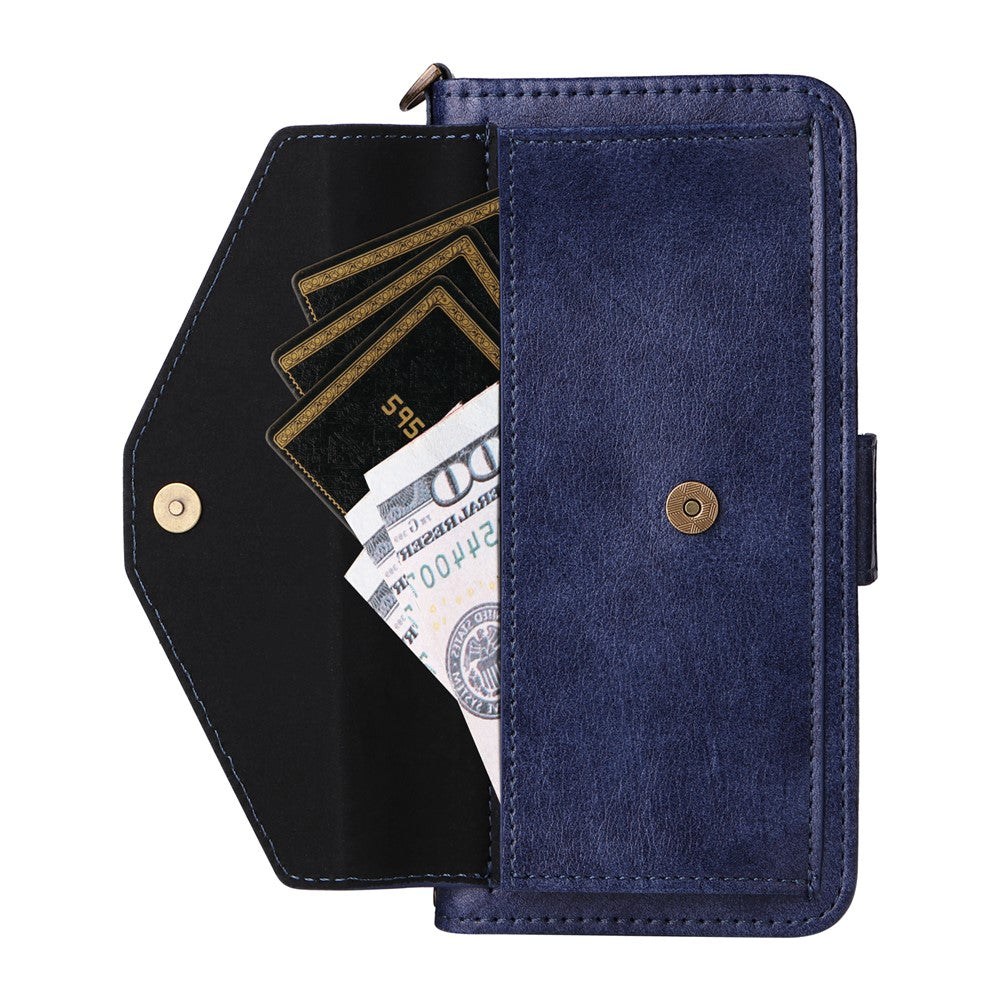For Oppo Reno14 Pro 5G (Global) Leather Case Magnetic Closure Wallet Stand Phone Cover with Crossbody Strap - Blue