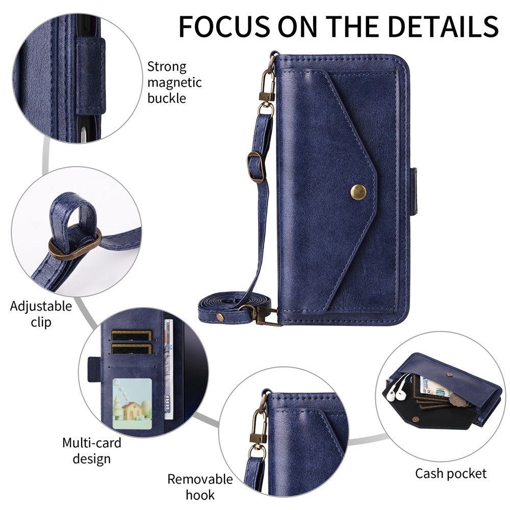 For Oppo Reno14 Pro 5G (Global) Leather Case Magnetic Closure Wallet Stand Phone Cover with Crossbody Strap - Blue