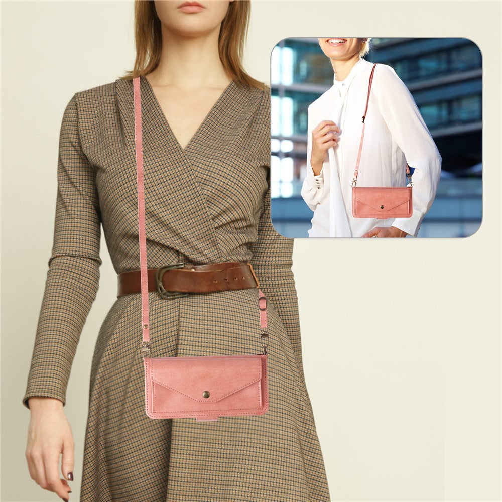 For Oppo Reno14 Pro 5G (Global) Leather Case Magnetic Closure Wallet Stand Phone Cover with Crossbody Strap - Pink