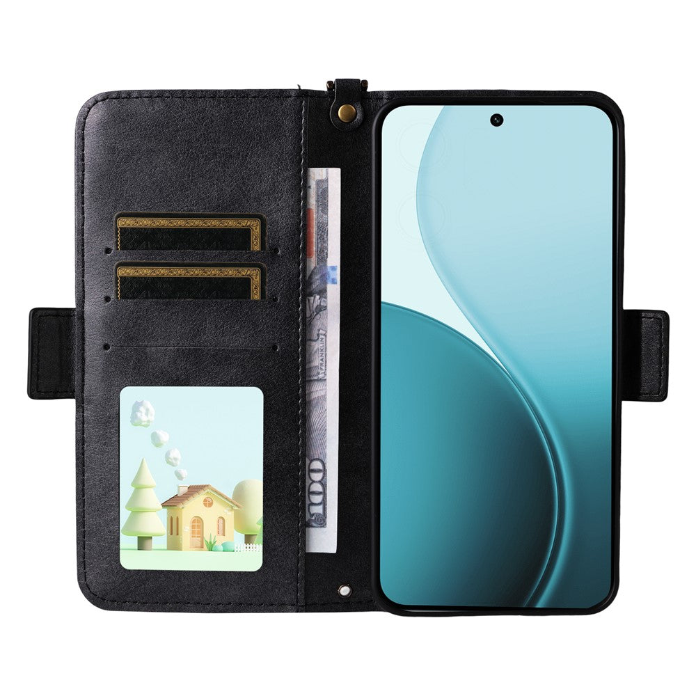 For Oppo Reno14 Pro 5G (Global) Leather Case Magnetic Closure Wallet Stand Phone Cover with Crossbody Strap - Black