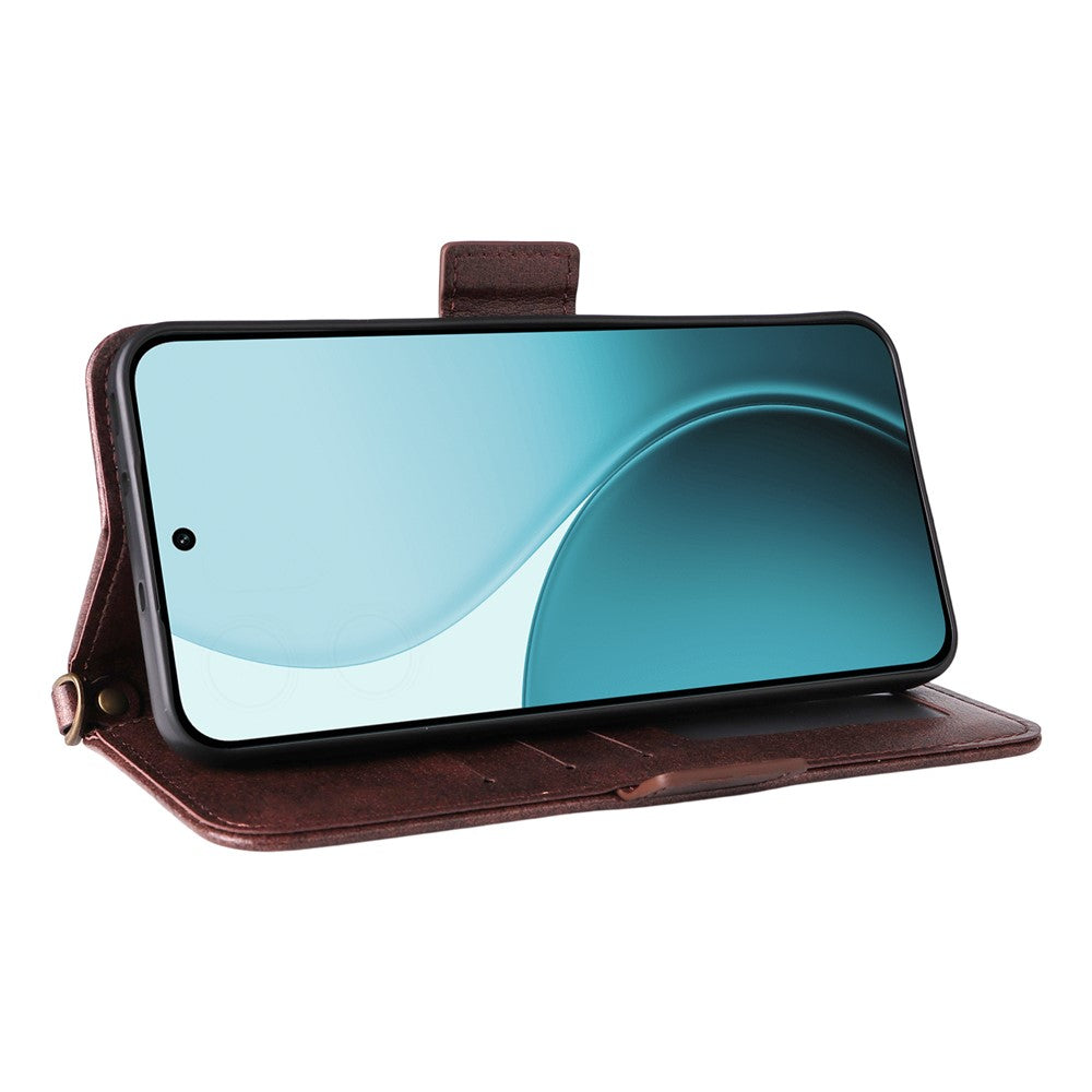 For Oppo Reno14 Pro 5G (Global) Leather Case Magnetic Closure Wallet Stand Phone Cover with Crossbody Strap - Brown