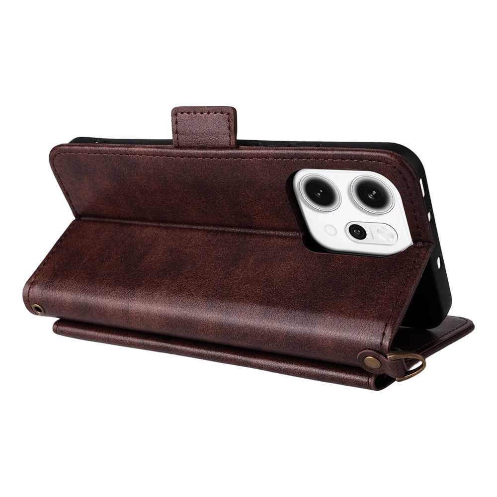 For Oppo Reno14 Pro 5G (Global) Leather Case Magnetic Closure Wallet Stand Phone Cover with Crossbody Strap - Brown