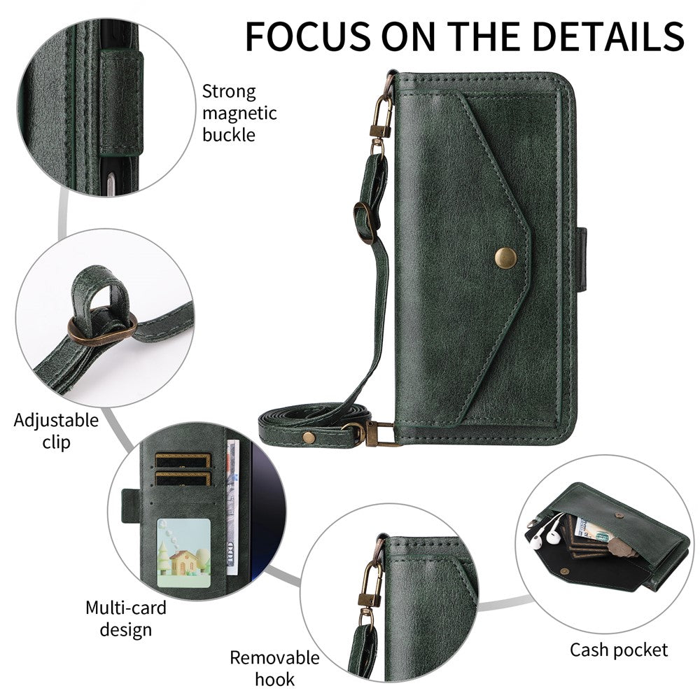 For Oppo Reno14 Pro 5G (Global) Leather Case Magnetic Closure Wallet Stand Phone Cover with Crossbody Strap - Green