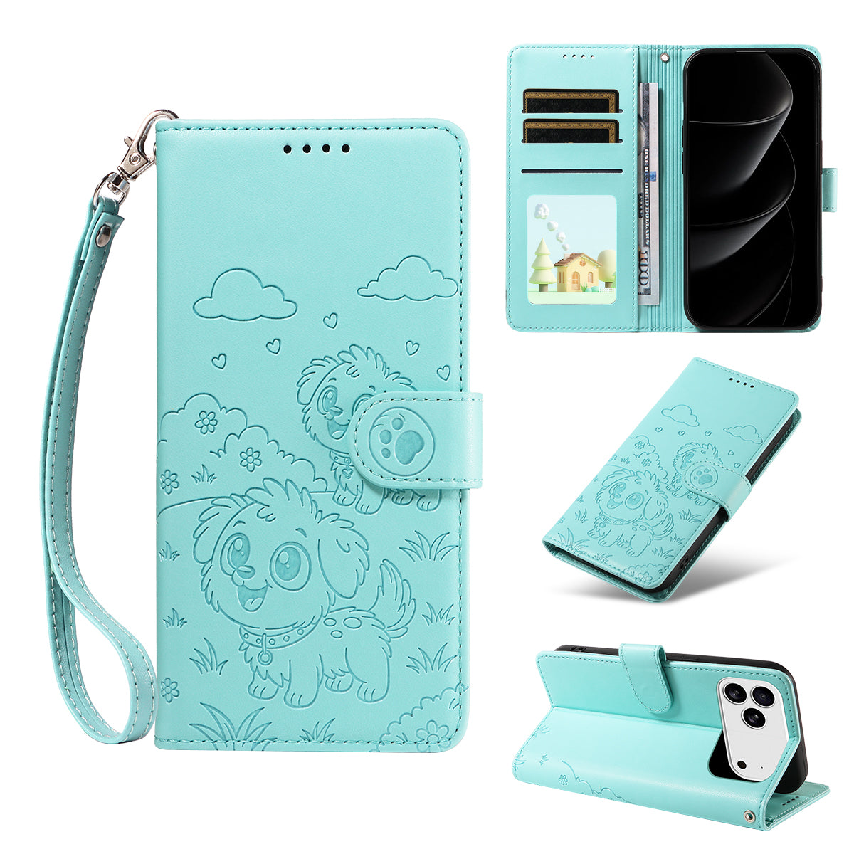 For iPhone 17 Pro Max Case RFID Blocking Imprinted Dog Pattern PU Leather Phone Cover with Wrist Strap - Green
