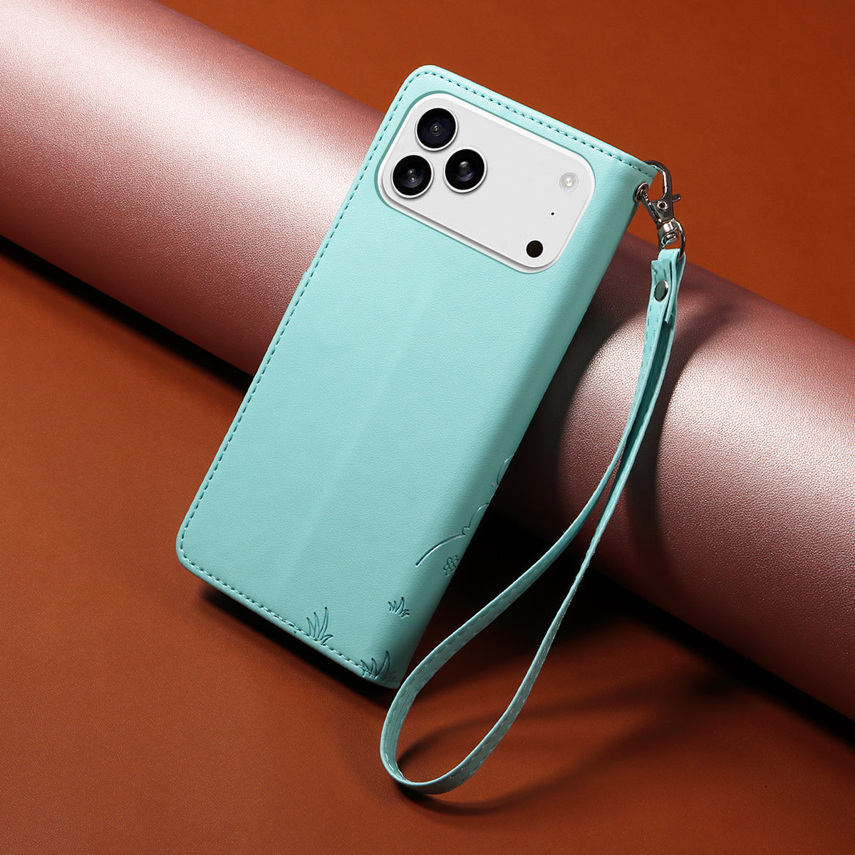 For iPhone 17 Pro Max Case RFID Blocking Imprinted Dog Pattern PU Leather Phone Cover with Wrist Strap - Green