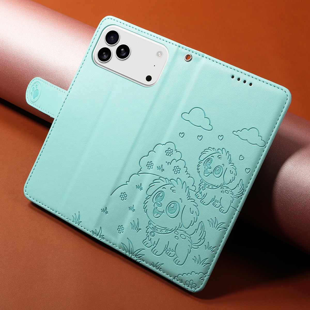 For iPhone 17 Pro Max Case RFID Blocking Imprinted Dog Pattern PU Leather Phone Cover with Wrist Strap - Green