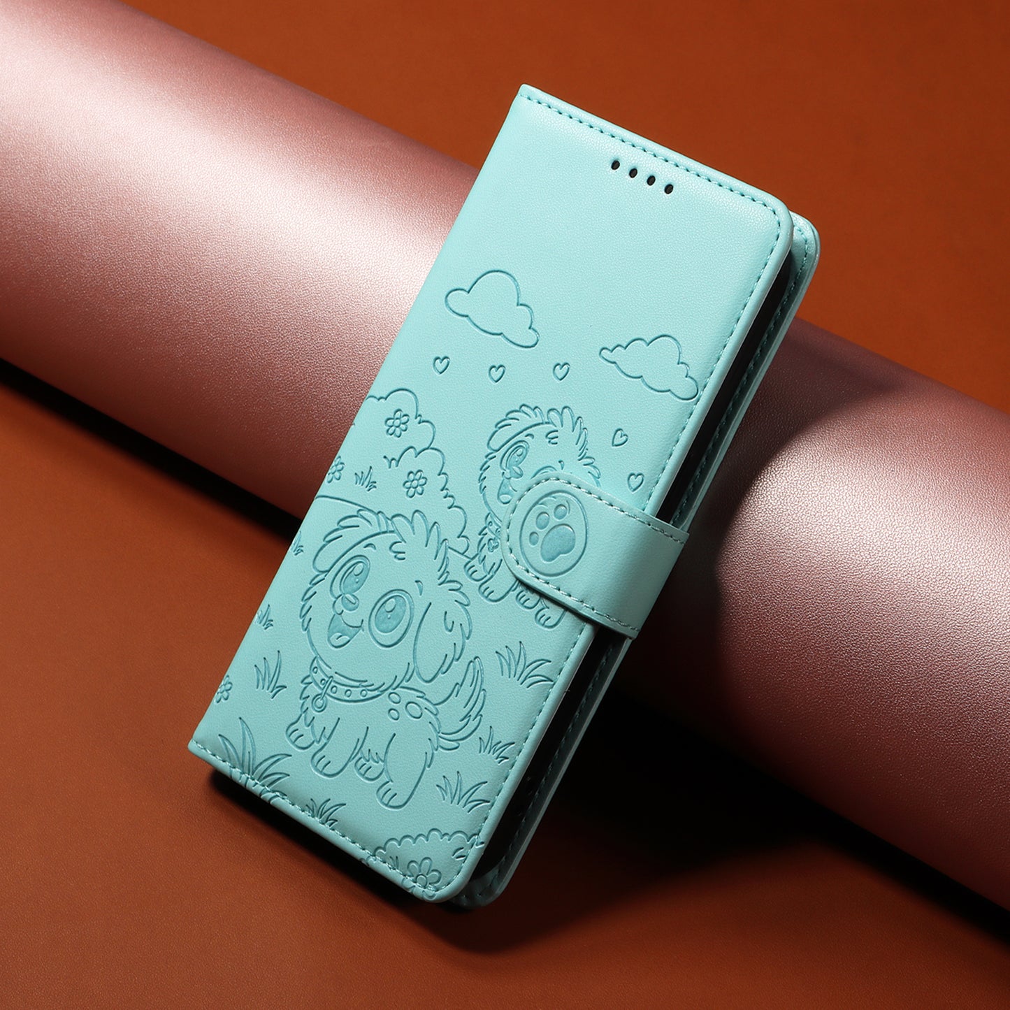 For iPhone 17 Pro Max Case RFID Blocking Imprinted Dog Pattern PU Leather Phone Cover with Wrist Strap - Green