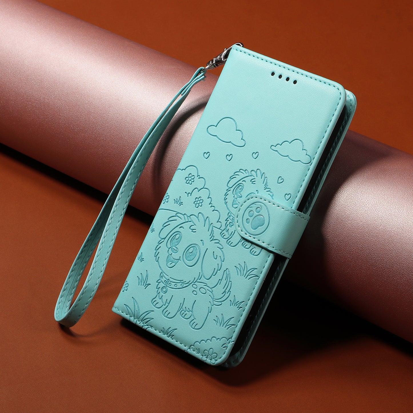 For iPhone 17 Pro Max Case RFID Blocking Imprinted Dog Pattern PU Leather Phone Cover with Wrist Strap - Green