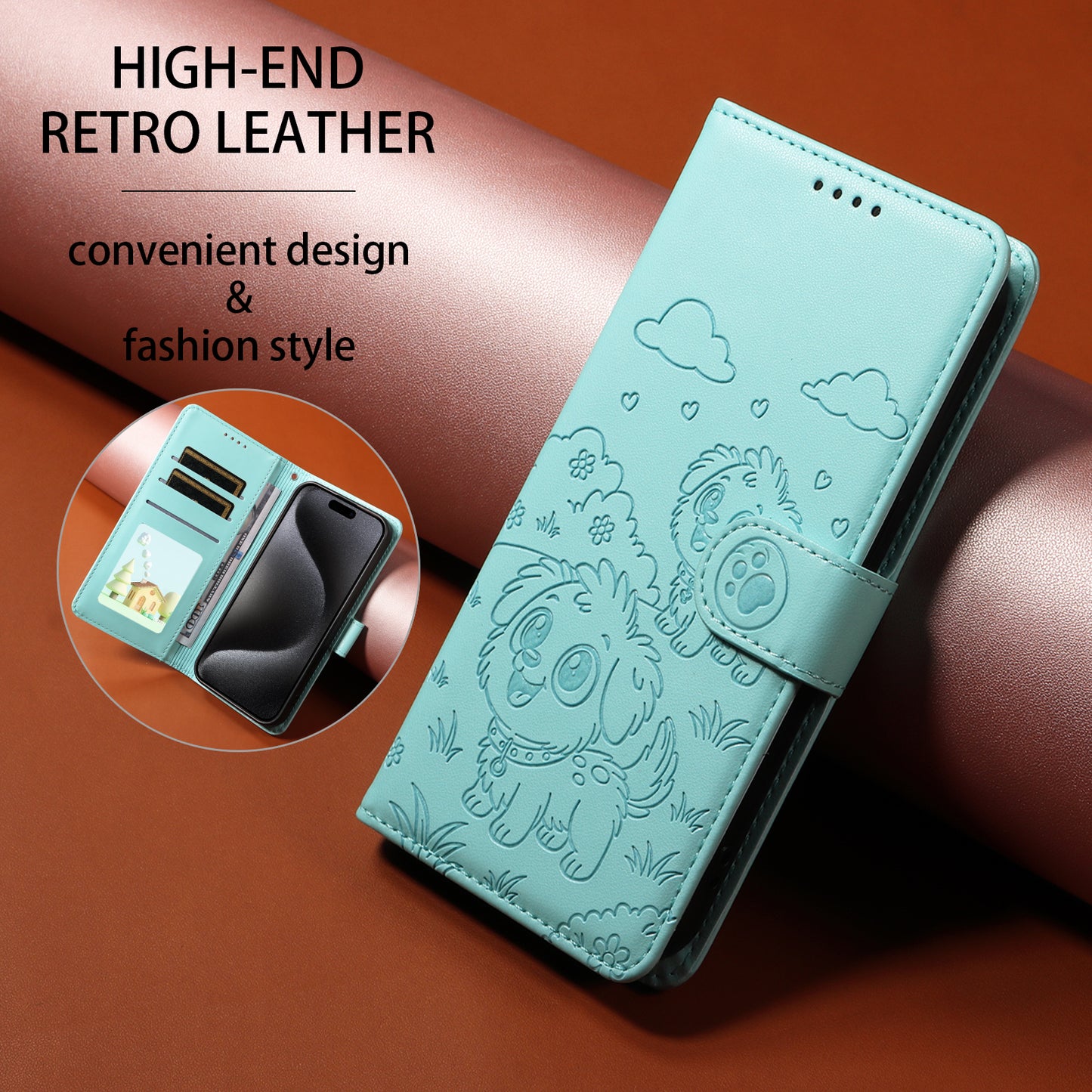 For iPhone 17 Pro Max Case RFID Blocking Imprinted Dog Pattern PU Leather Phone Cover with Wrist Strap - Green