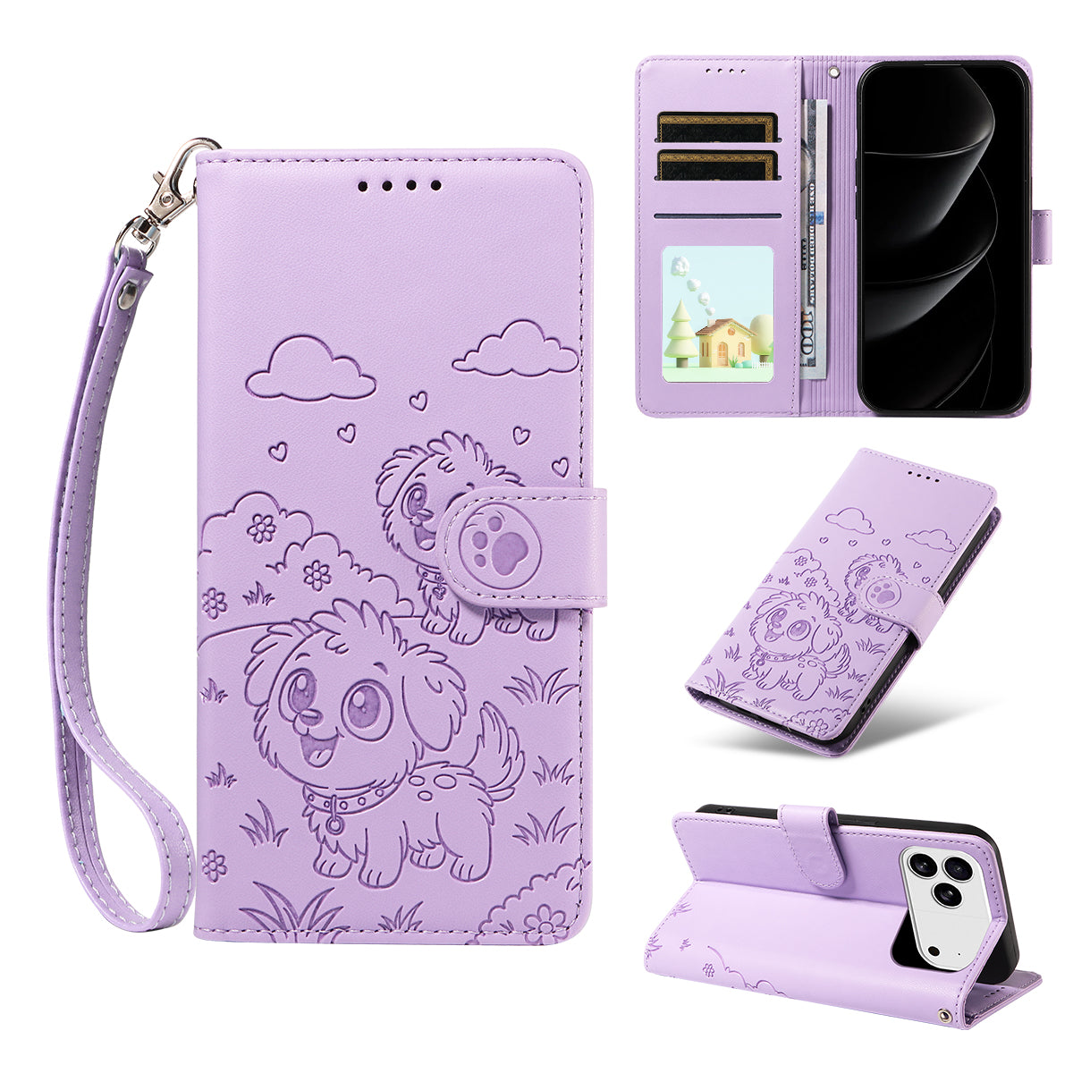 For iPhone 17 Pro Max Case RFID Blocking Imprinted Dog Pattern PU Leather Phone Cover with Wrist Strap - Purple