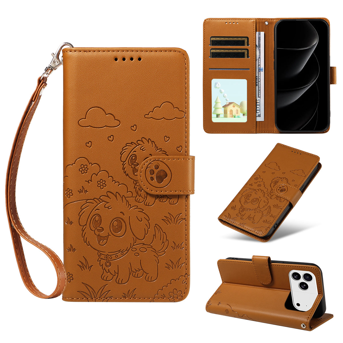 For iPhone 17 Pro Max Case RFID Blocking Imprinted Dog Pattern PU Leather Phone Cover with Wrist Strap - Brown