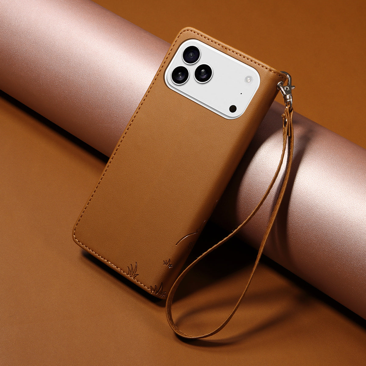 For iPhone 17 Pro Max Case RFID Blocking Imprinted Dog Pattern PU Leather Phone Cover with Wrist Strap - Brown