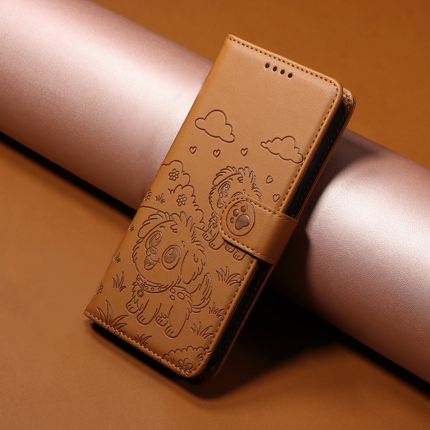 For iPhone 17 Pro Max Case RFID Blocking Imprinted Dog Pattern PU Leather Phone Cover with Wrist Strap - Brown