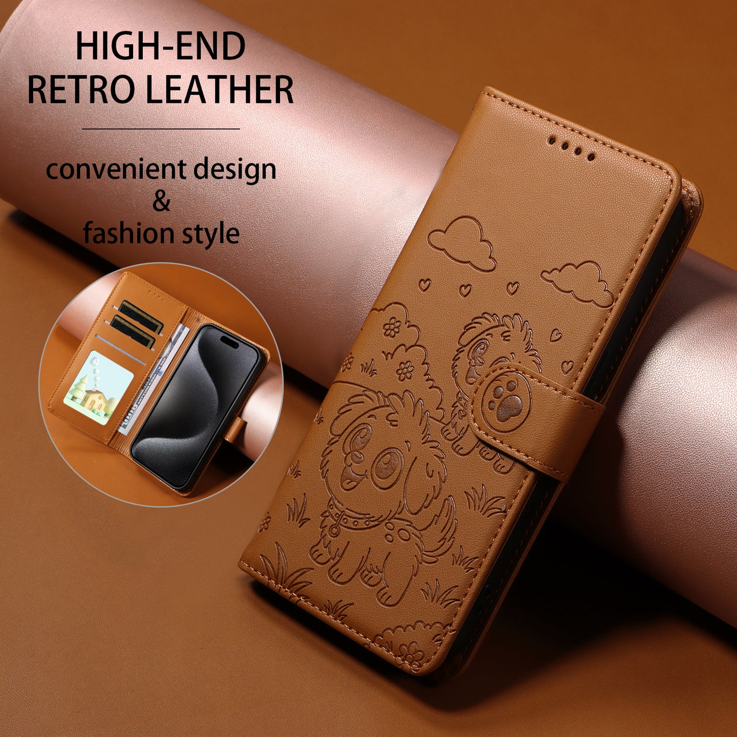 For iPhone 17 Pro Max Case RFID Blocking Imprinted Dog Pattern PU Leather Phone Cover with Wrist Strap - Brown