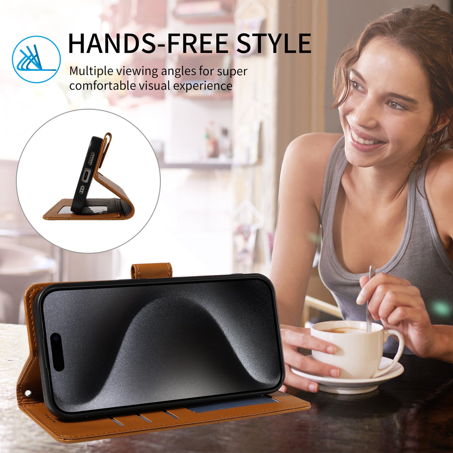 For iPhone 17 Pro Max Case RFID Blocking Imprinted Dog Pattern PU Leather Phone Cover with Wrist Strap - Brown