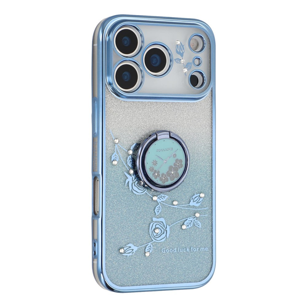 KADEM For iPhone 17 Pro Max Case Ring Kickstand TPU Flowers Phone Cover Gradient Glitter - Blue