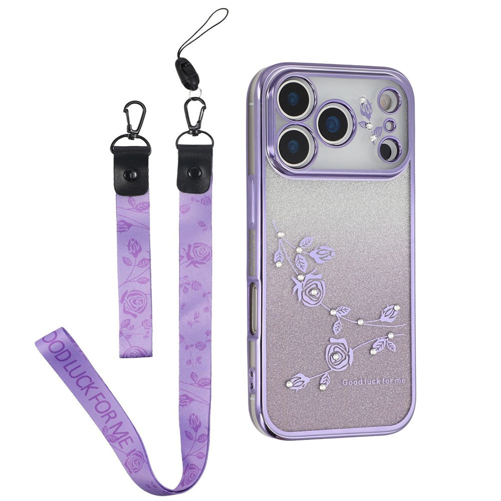 KADEM For iPhone 17 Pro Max Case Flower Pattern TPU Gradient Phone Cover with Lanyards - Purple