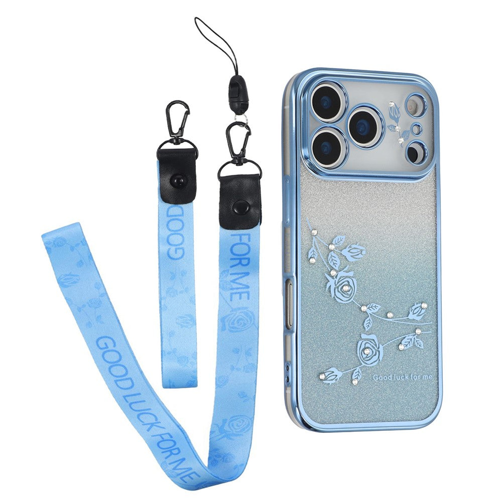 KADEM For iPhone 17 Pro Max Case Flower Pattern TPU Gradient Phone Cover with Lanyards - Blue