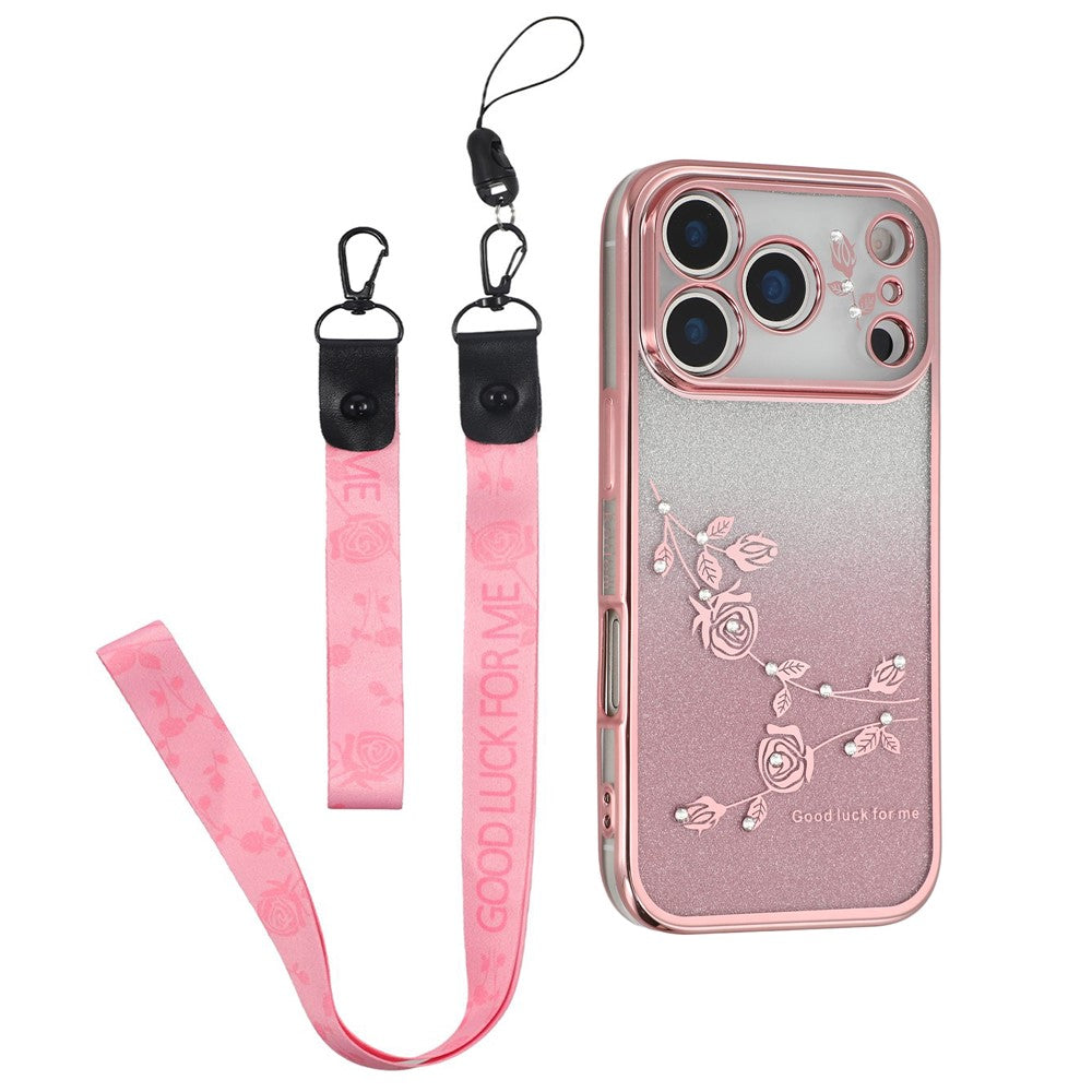 KADEM For iPhone 17 Pro Max Case Flower Pattern TPU Gradient Phone Cover with Lanyards - Rose Gold