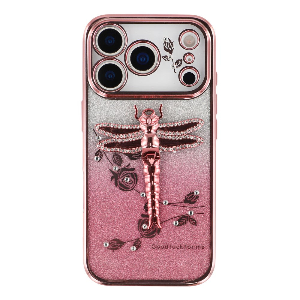 KADEM For iPhone 17 Pro Max Case Dragonfly Kickstand TPU Flowers Glitter Phone Cover - Pink