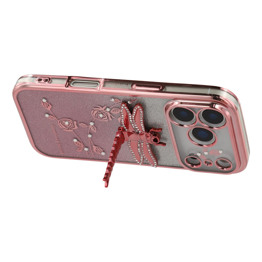 KADEM For iPhone 17 Pro Max Case Dragonfly Kickstand TPU Flowers Glitter Phone Cover - Pink