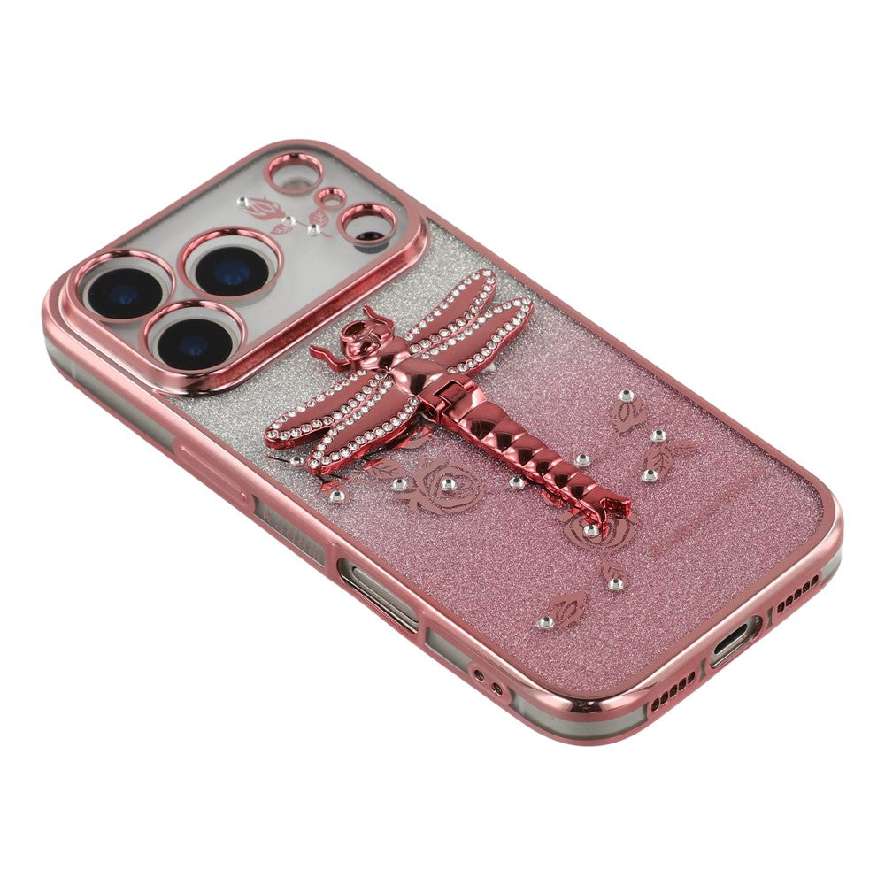 KADEM For iPhone 17 Pro Max Case Dragonfly Kickstand TPU Flowers Glitter Phone Cover - Pink
