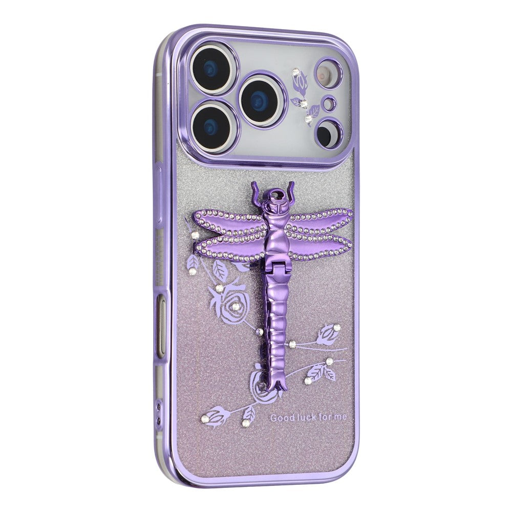 KADEM For iPhone 17 Pro Max Case Dragonfly Kickstand TPU Flowers Glitter Phone Cover - Purple