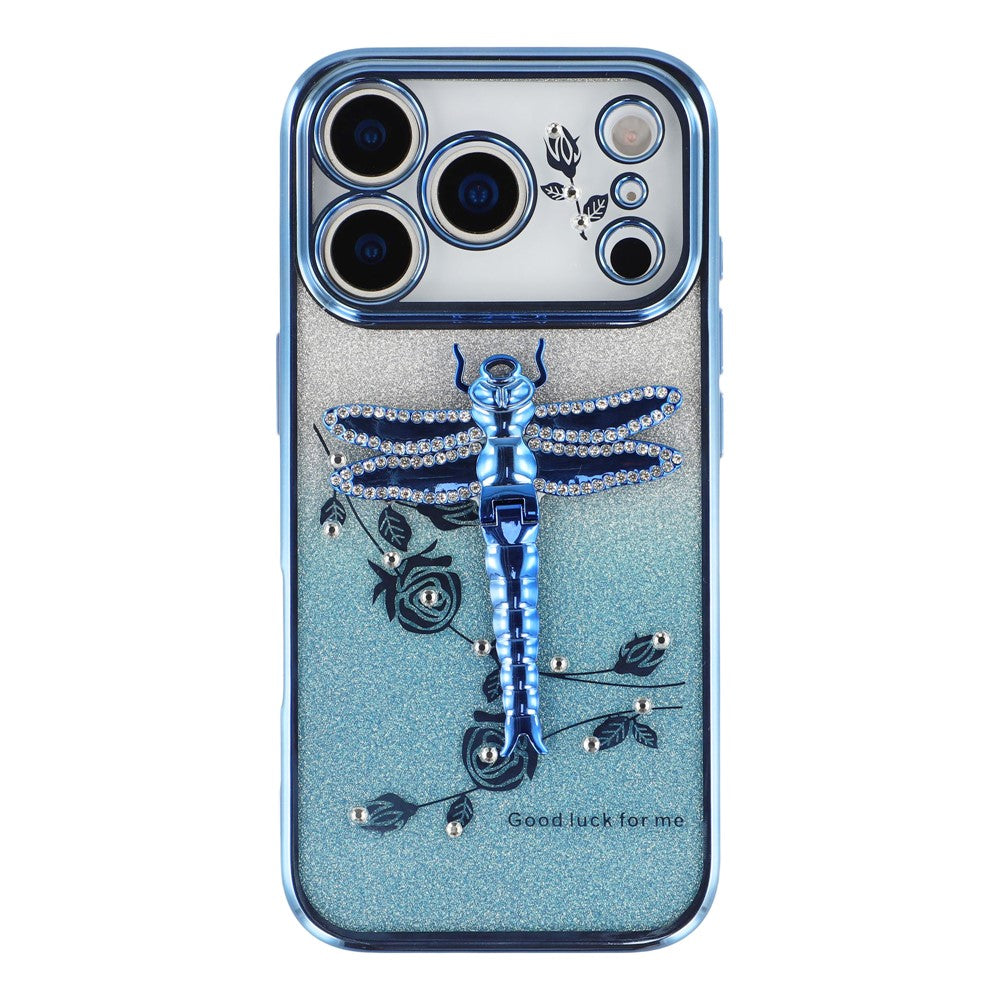 KADEM For iPhone 17 Pro Max Case Dragonfly Kickstand TPU Flowers Glitter Phone Cover - Blue