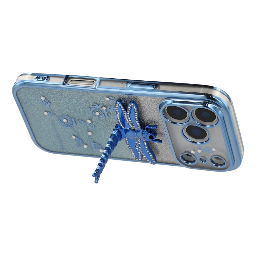 KADEM For iPhone 17 Pro Max Case Dragonfly Kickstand TPU Flowers Glitter Phone Cover - Blue
