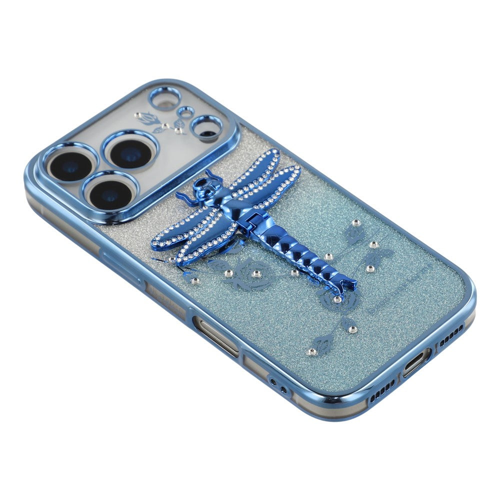 KADEM For iPhone 17 Pro Max Case Dragonfly Kickstand TPU Flowers Glitter Phone Cover - Blue