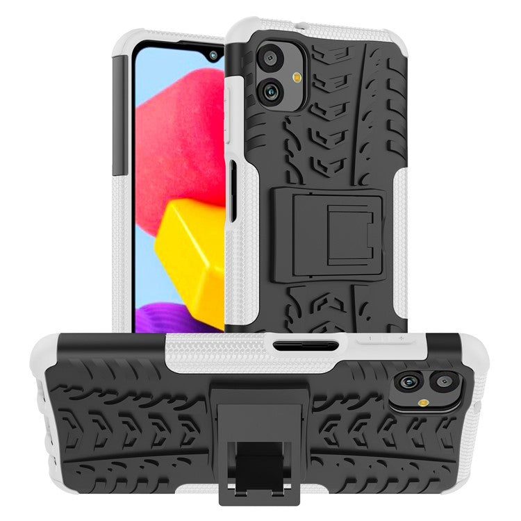 For Samsung Galaxy A04 4G (164.4 x 76.3 x 9.1 mm) / M13 5G PC+TPU Shockproof Phone Case Cool Tyre Pattern Kickstand Protective Cover - White