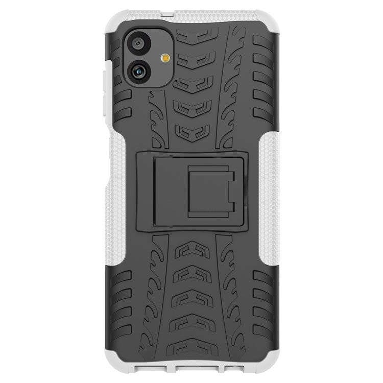 For Samsung Galaxy A04 4G (164.4 x 76.3 x 9.1 mm) / M13 5G PC+TPU Shockproof Phone Case Cool Tyre Pattern Kickstand Protective Cover - White