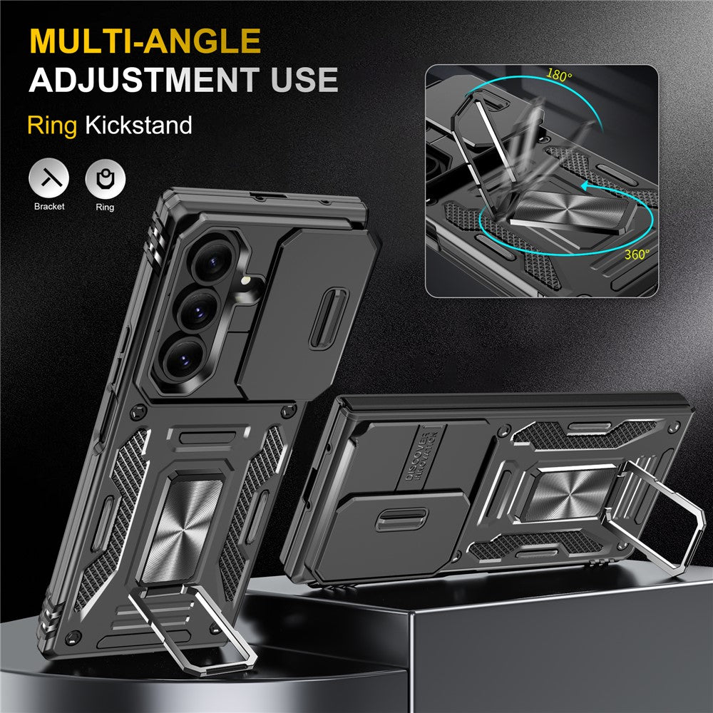 For Samsung Galaxy Z Fold7 5G Case Kickstand Slide Lens Lid PC + TPU Drop - Black