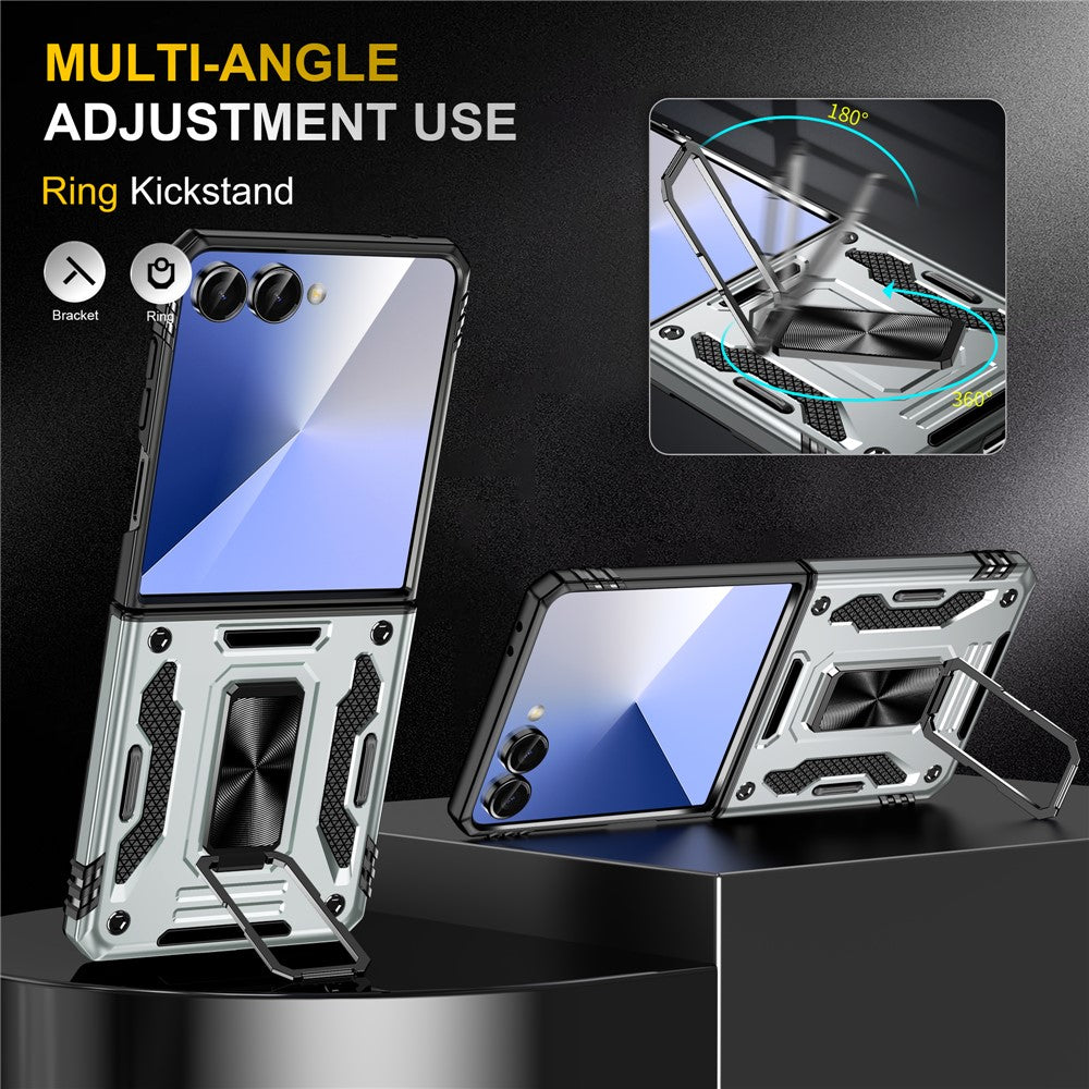 For Samsung Galaxy Z Flip7 5G Case Kickstand Slide Lens Lid PC + TPU Drop - Grey
