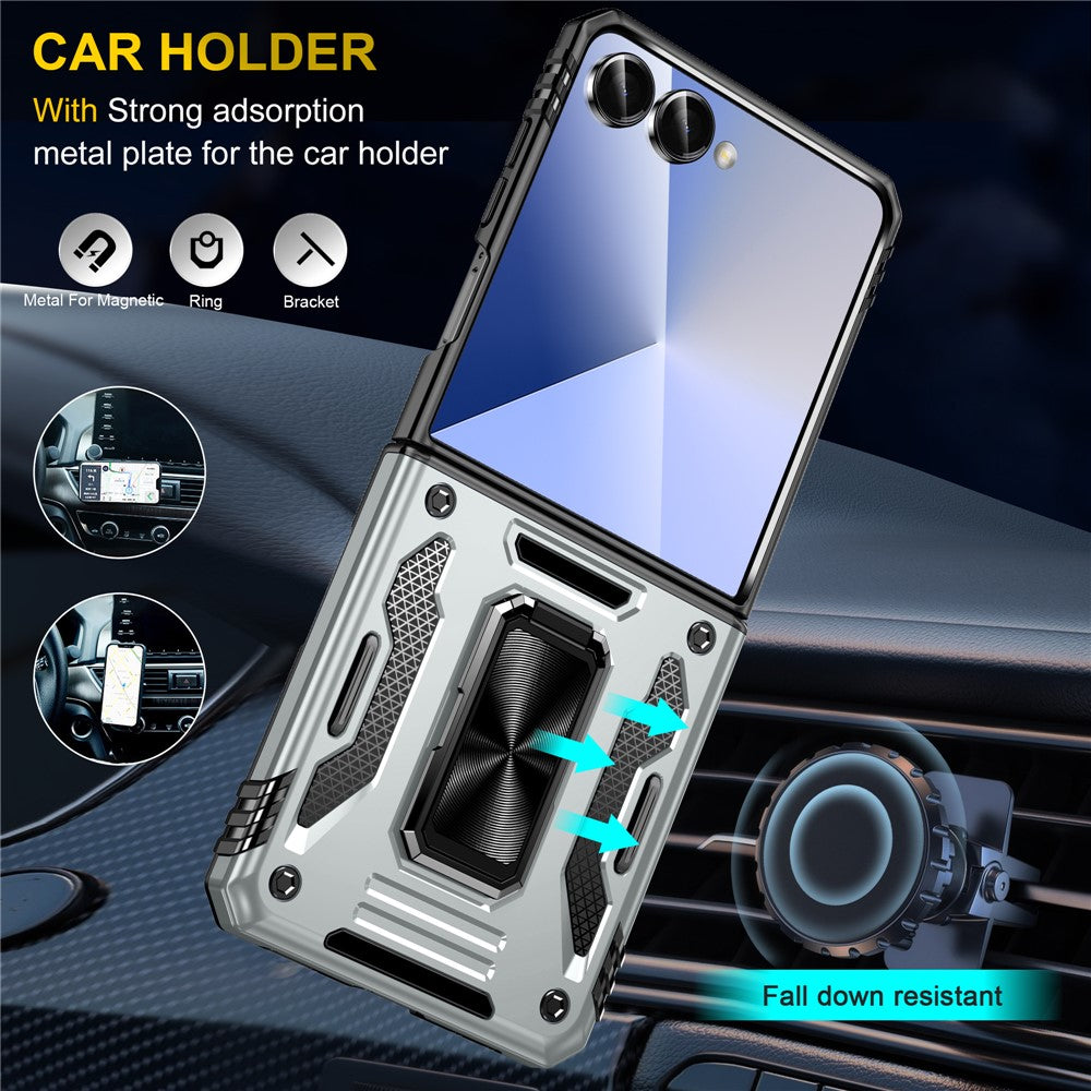 For Samsung Galaxy Z Flip7 5G Case Kickstand Slide Lens Lid PC + TPU Drop - Grey