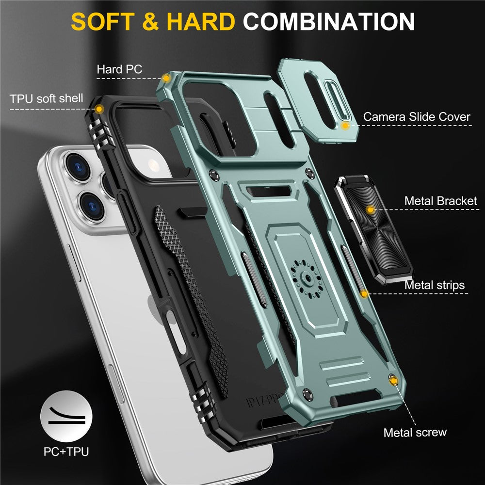 For iPhone 17 Pro Max Case Kickstand Slide Lens Lid PC + TPU Drop - Green