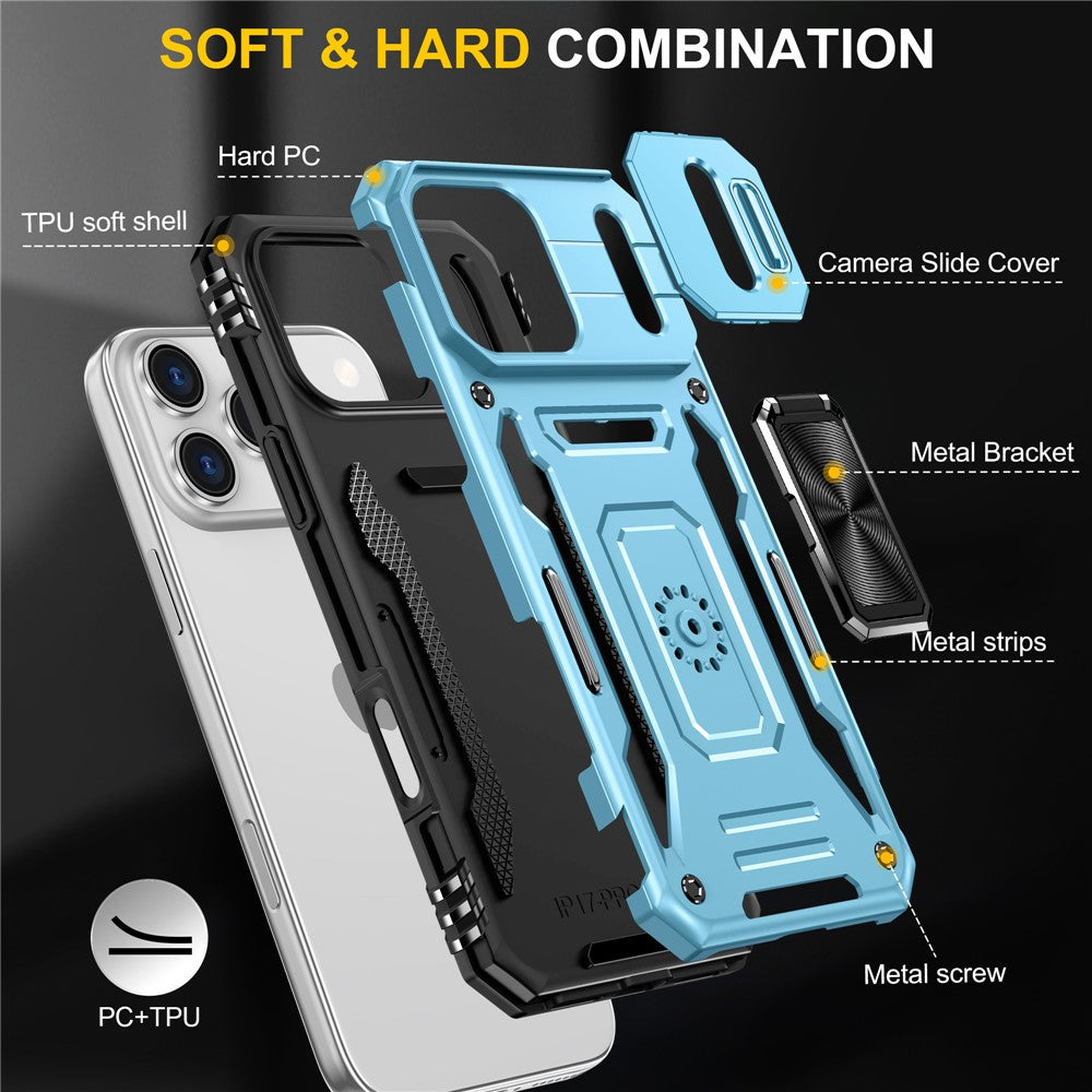 For iPhone 17 Pro Max Case Kickstand Slide Lens Lid PC + TPU Drop - Baby Blue