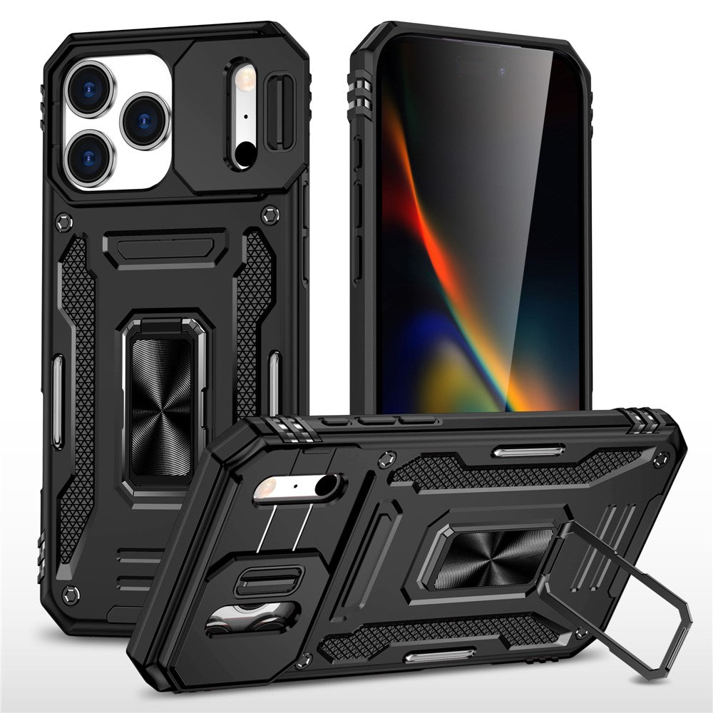 For iPhone 17 Pro Max Case Kickstand Slide Lens Lid PC + TPU Drop - Black