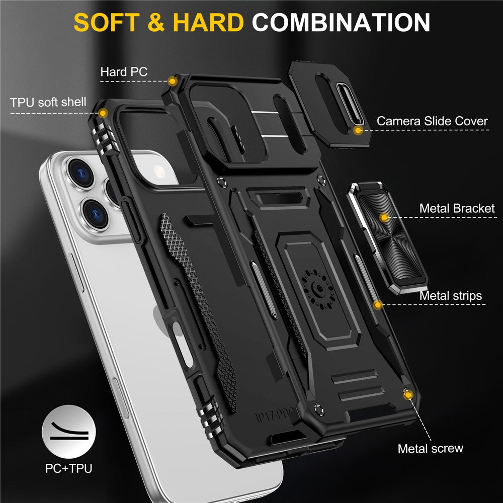 For iPhone 17 Pro Max Case Kickstand Slide Lens Lid PC + TPU Drop - Black
