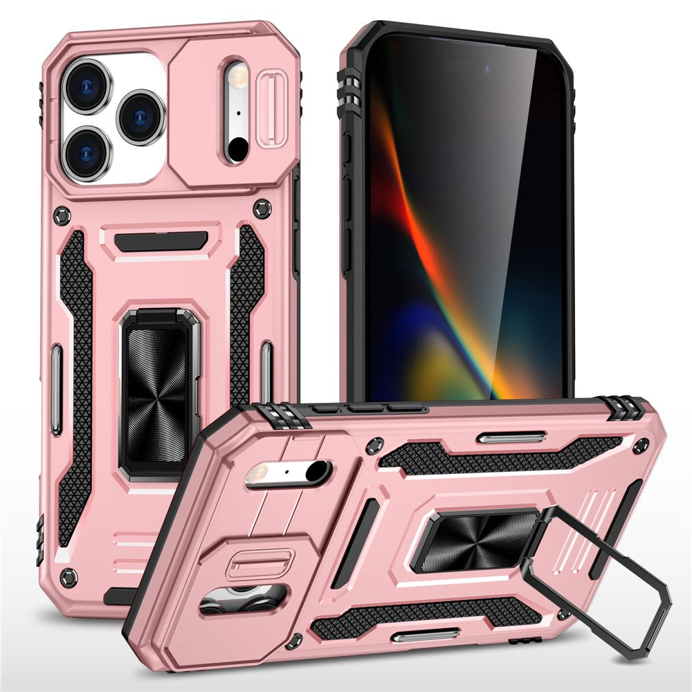 For iPhone 17 Pro Max Case Kickstand Slide Lens Lid PC + TPU Drop - Rose Gold